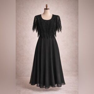 Vintage 80s Night Way Collections Black Fringe Lace Party Dress, Sz M/L